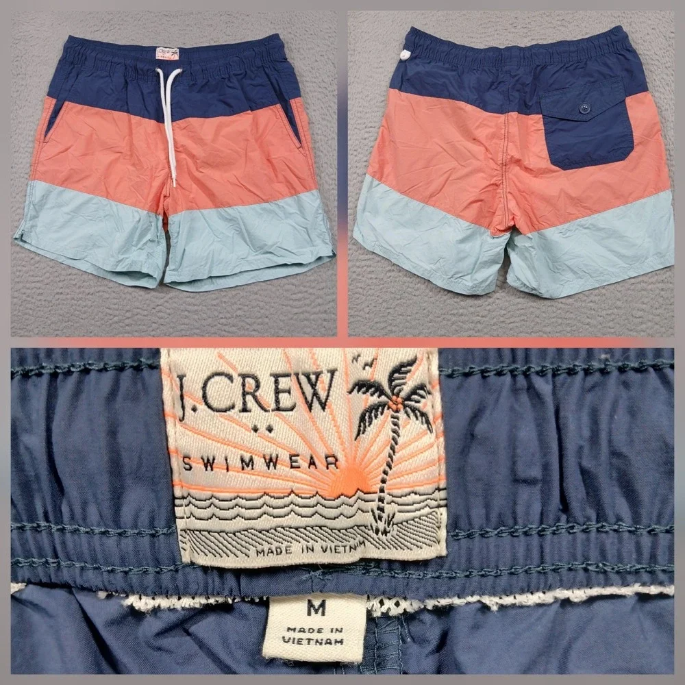 J. Crew Swimwear Trunks Mens M Colorblock Blue‎ Orange Mesh Lined Beach Swim